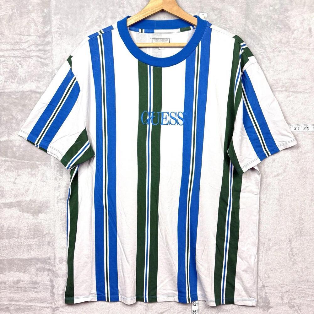 GUESS Vintage Y2k Men's Blue and Green Striped Shirt